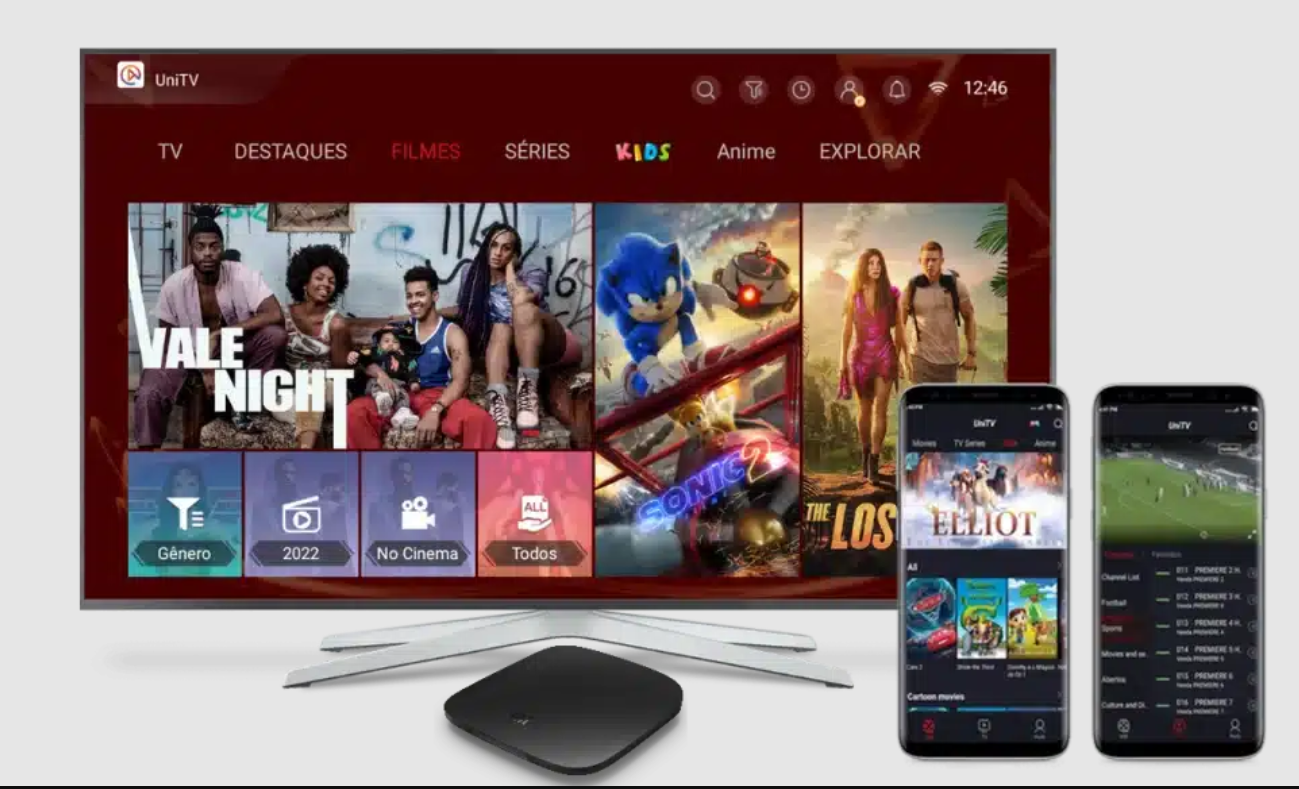 UniTV rodando em Smart TV, celular e tablet